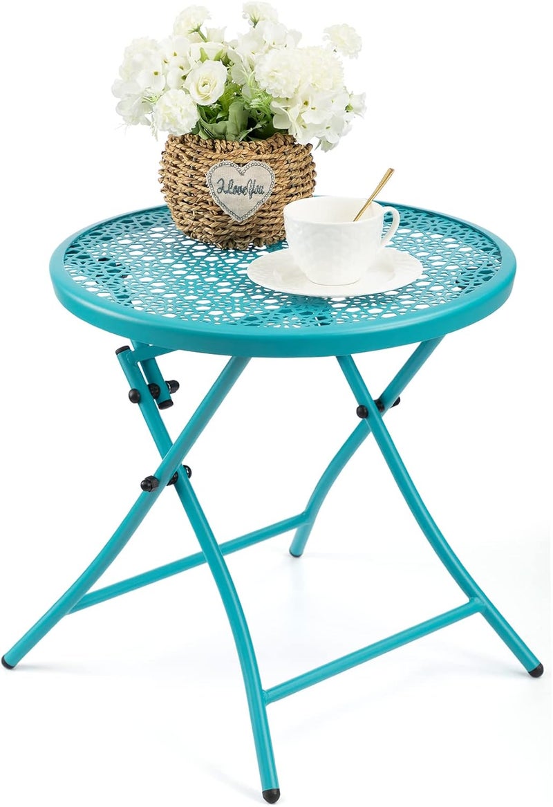 TeoKJ Folding Outdoor Side Tables, Anti Rust Small Patio Table Round Metal Nightstand with Flower Cutouts for Porch Yard Balcony Deck Lawn, Blue - Image 1